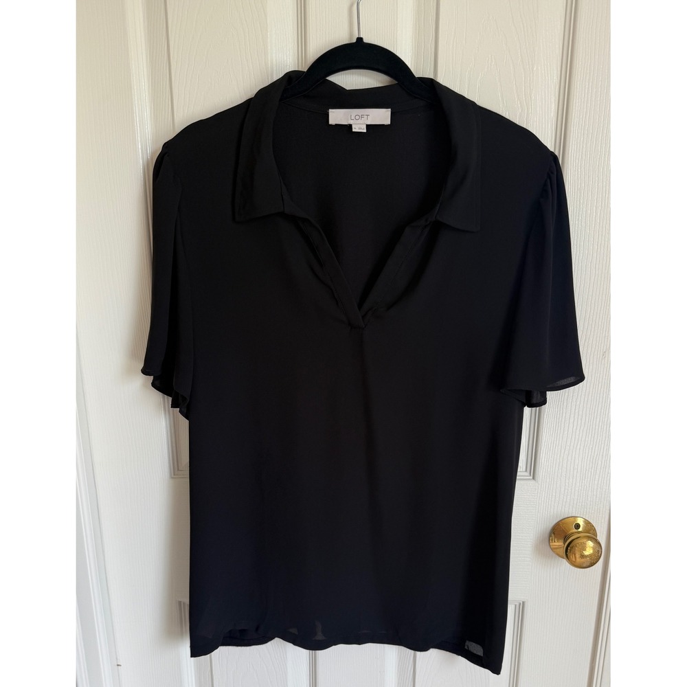 LOFT Black Mixed Media Flutter Sleeve Collared Splitβ Neck Blouse XL